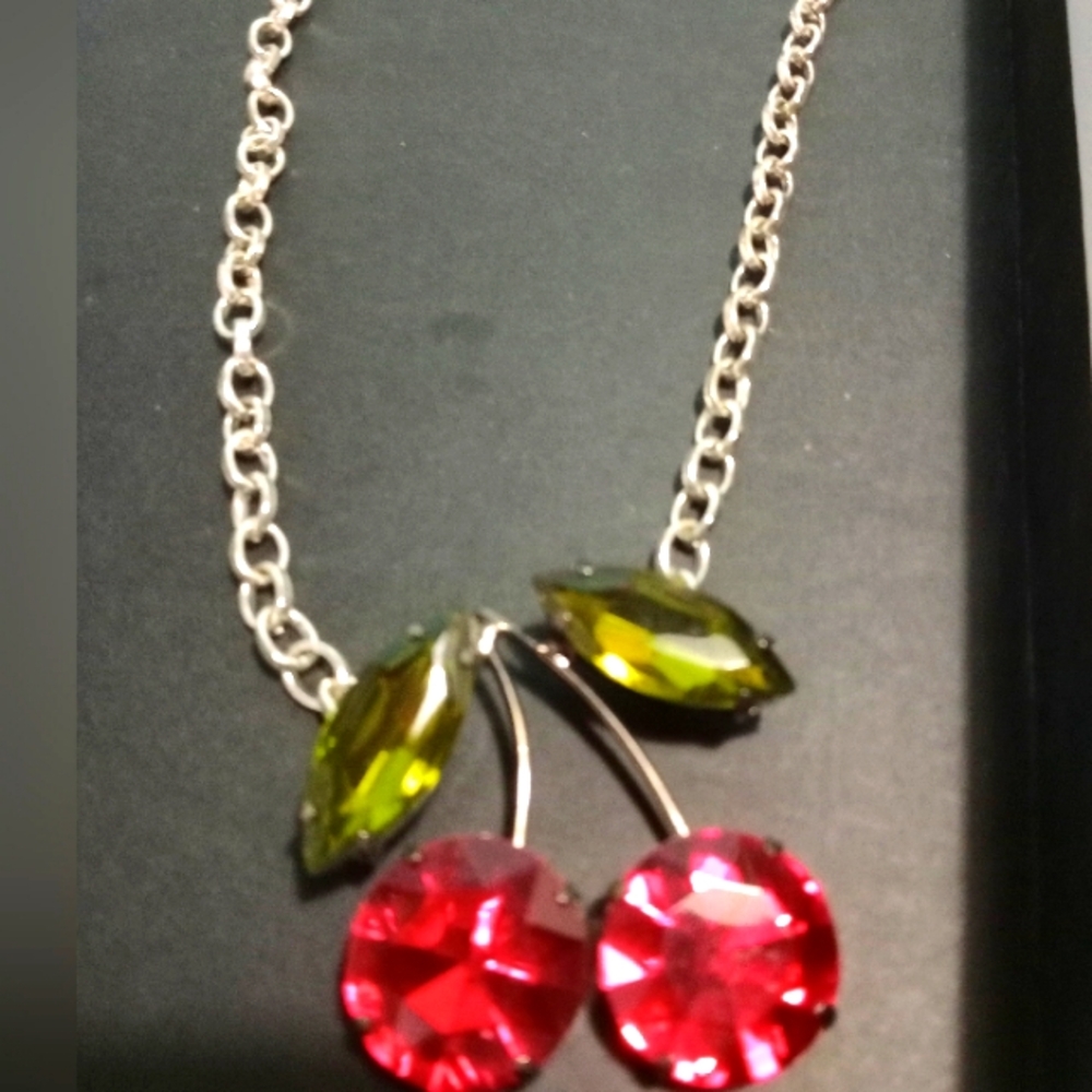 Cherry Pendant Necklace with Green and Red Crystals